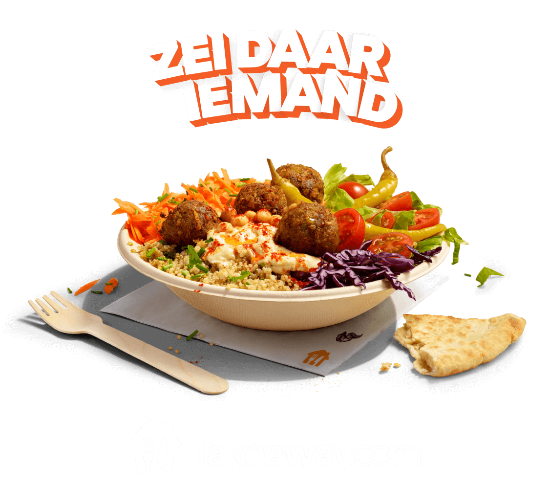 Afbeelding van Zei daar iemand boven een kom falafel met groenten op een oranje achtergrond met daaronder een Takeaway.com-logo