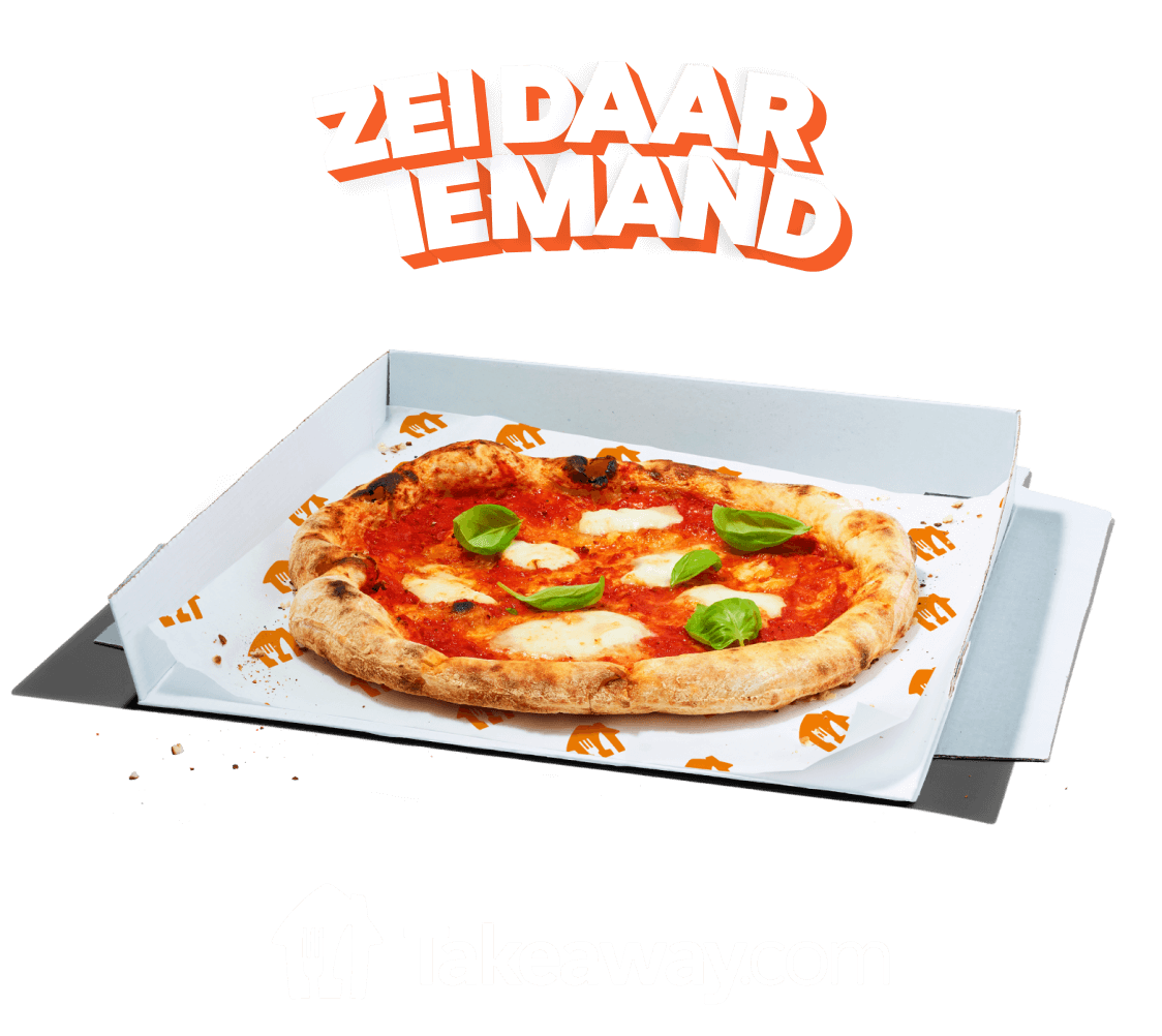 Afbeelding van Zei daar iemand boven een pizza op een oranje achtergrond met daaronder een Takeaway.com-logo