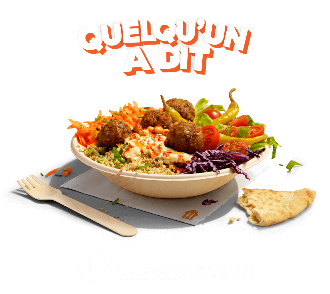 Image sur fond orange composée des mots Quelqu'un a dit au-dessus d’un bol avec des falafels et des légumes, et du logo Takeaway.com en dessous